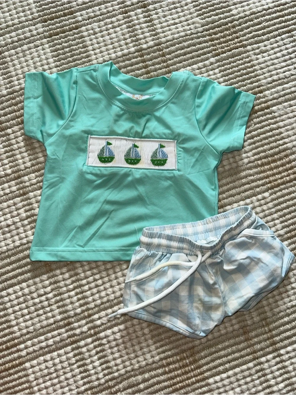 Busy Bee Smock Mint Sailboat Smocked Matching Set with Light Blue Gingham Shorts